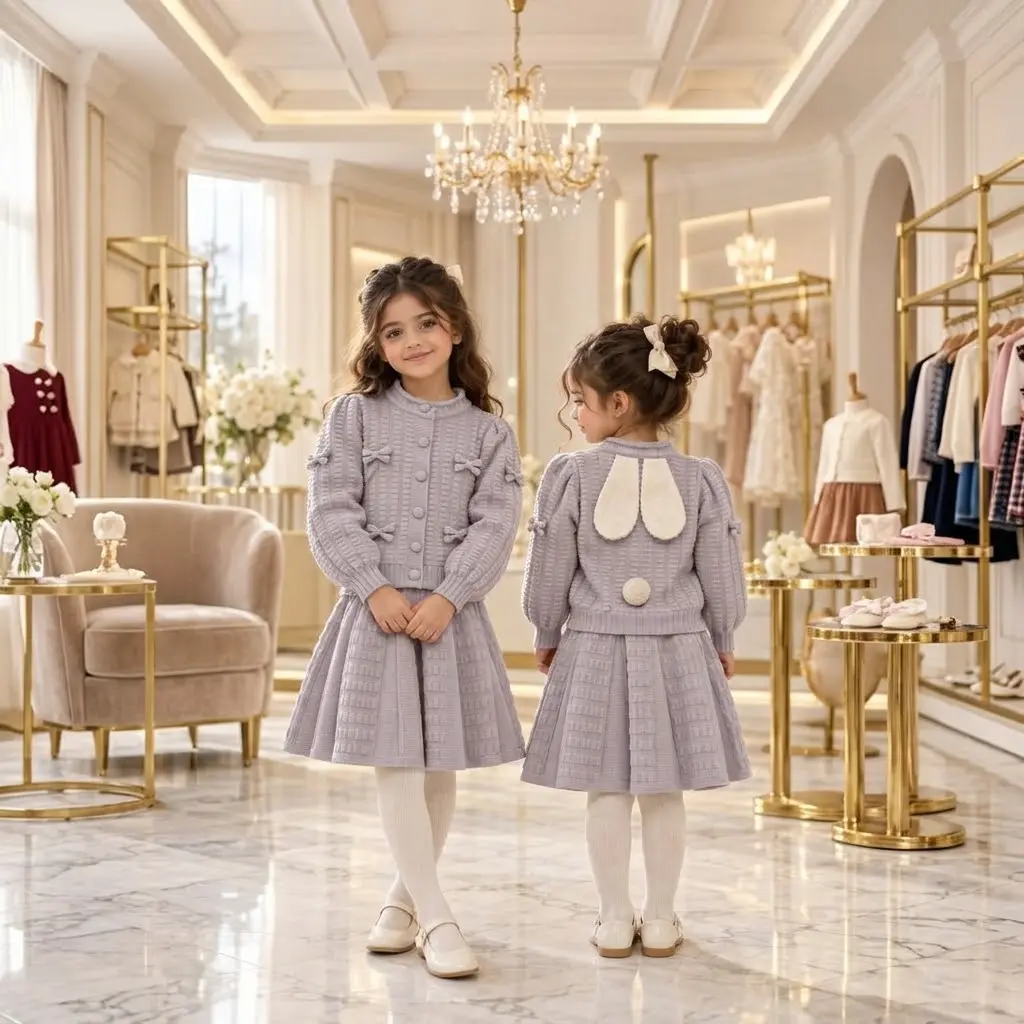 طقم بناتي صوف ذنين ارنب